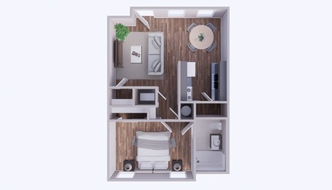 A 3D floor plan of a small apartment with a kitchen, living room, and bathroom.